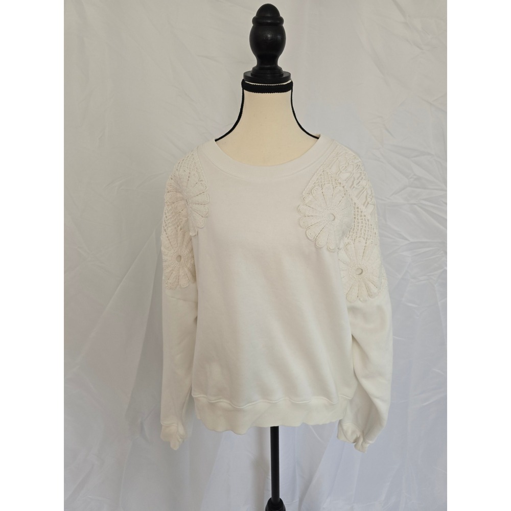 American Eagle Cream Floral Crochet Sleeve Sweatshirt Women XL